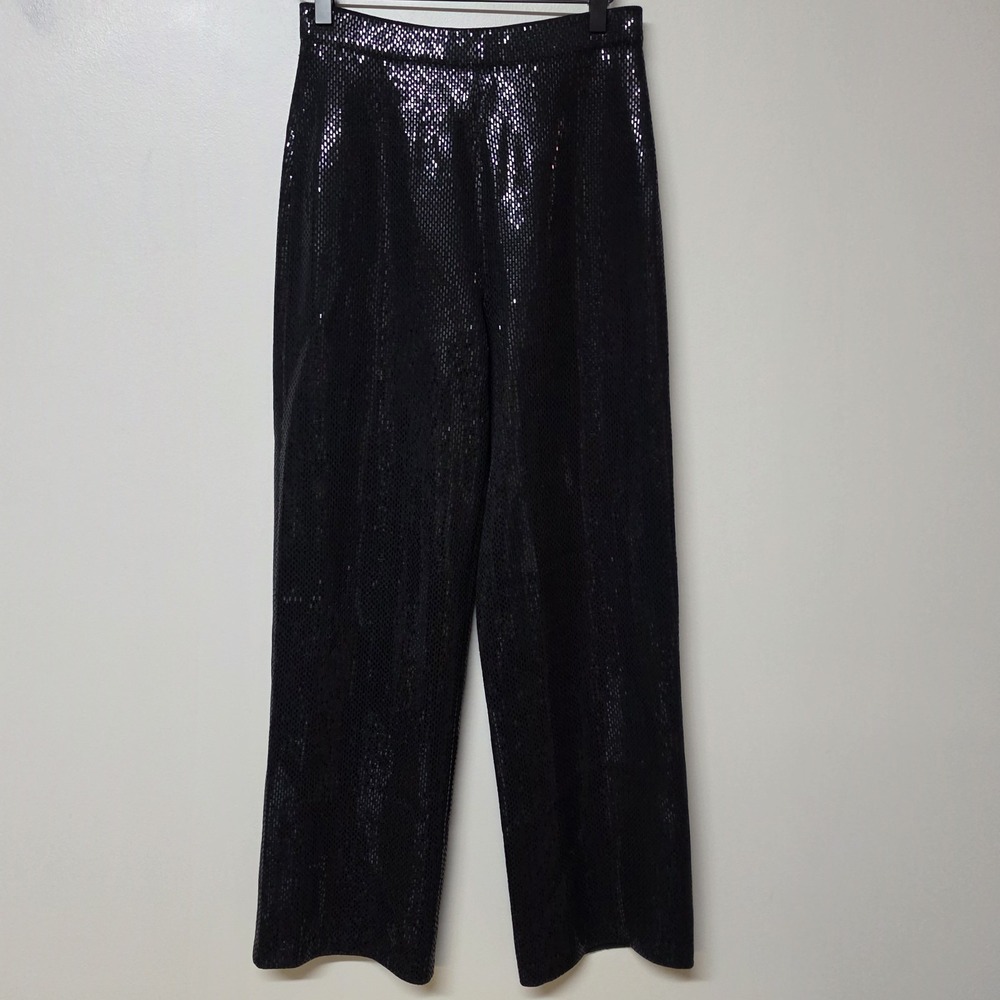 St. John Couture Marie Gray Size 2 Black Sequin Wide Leg Pants Evening Party